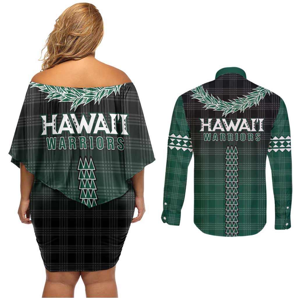 Rainbow Warriors Hawaii Palaka Couples Matching Off Shoulder Short Dress and Long Sleeve Button Shirt Maile Lei - Polynesian Pride