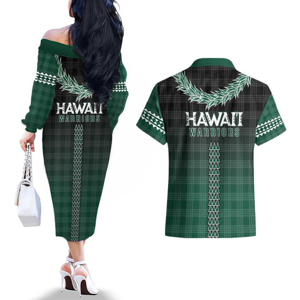 Rainbow Warriors Hawaii Palaka Couples Matching Off The Shoulder Long Sleeve Dress and Hawaiian Shirt Maile Lei - Polynesian Pride
