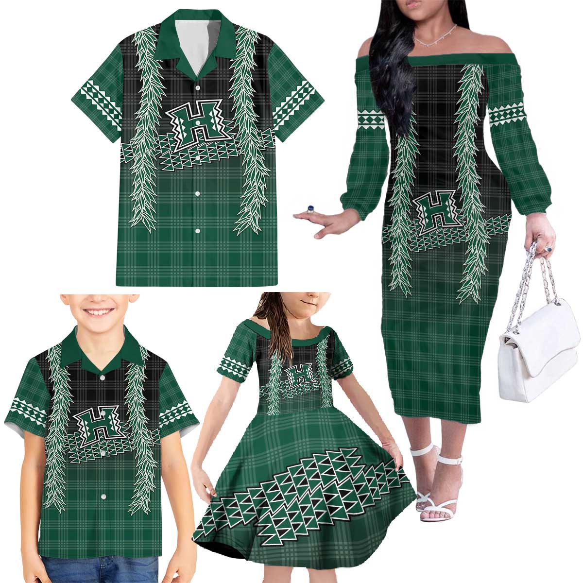 Rainbow Warriors Hawaii Palaka Family Matching Off The Shoulder Long Sleeve Dress and Hawaiian Shirt Maile Lei - Polynesian Pride
