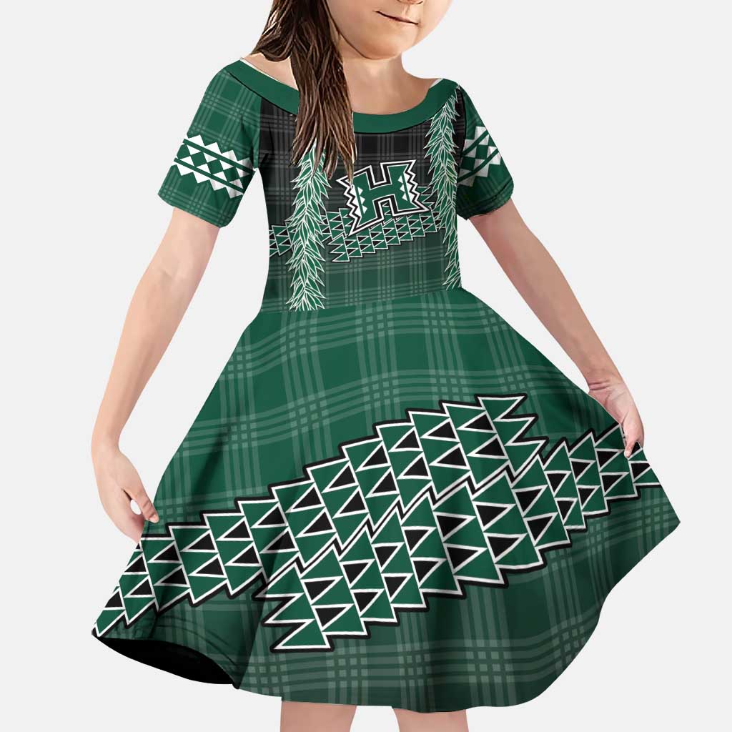 Rainbow Warriors Hawaii Palaka Family Matching Off Shoulder Short Dress and Hawaiian Shirt Maile Lei LT7 Daughter's Dress Dark Green - Polynesian Pride