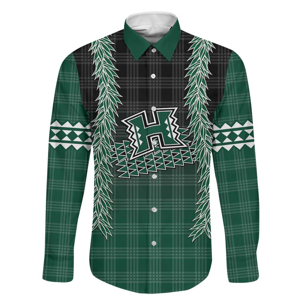 Rainbow Warriors Hawaii Palaka Family Matching Off Shoulder Short Dress and Hawaiian Shirt Maile Lei LT7 Dad's Shirt - Long Sleeve Dark Green - Polynesian Pride