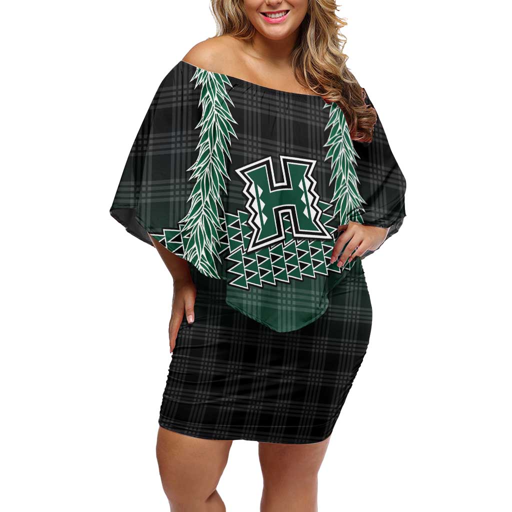 Rainbow Warriors Hawaii Palaka Family Matching Off Shoulder Short Dress and Hawaiian Shirt Maile Lei LT7 Mom's Dress Dark Green - Polynesian Pride