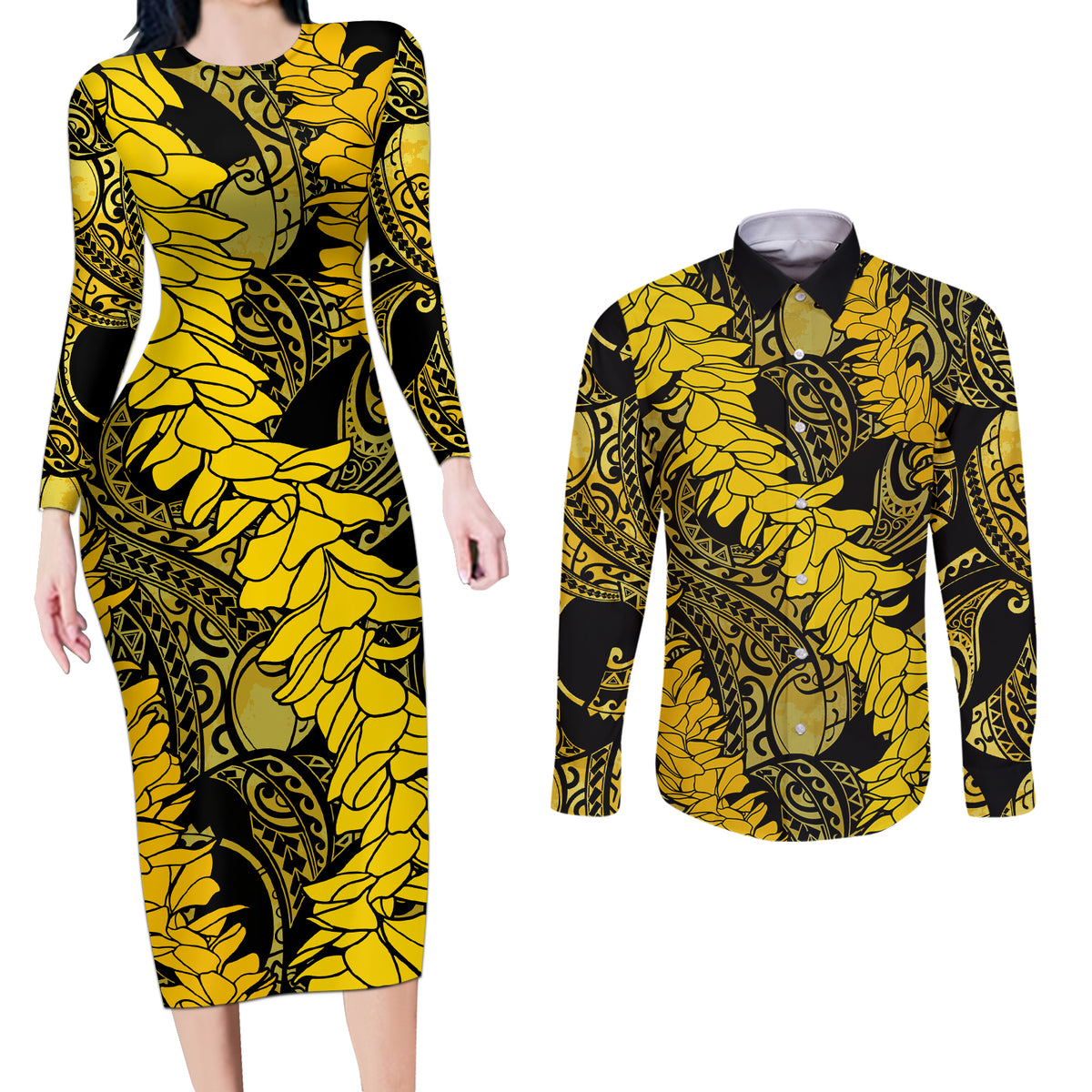Hawaii Oahu Ilima Lei Couples Matching Long Sleeve Bodycon Dress and Long Sleeve Button Shirt LT7 Yellow - Polynesian Pride