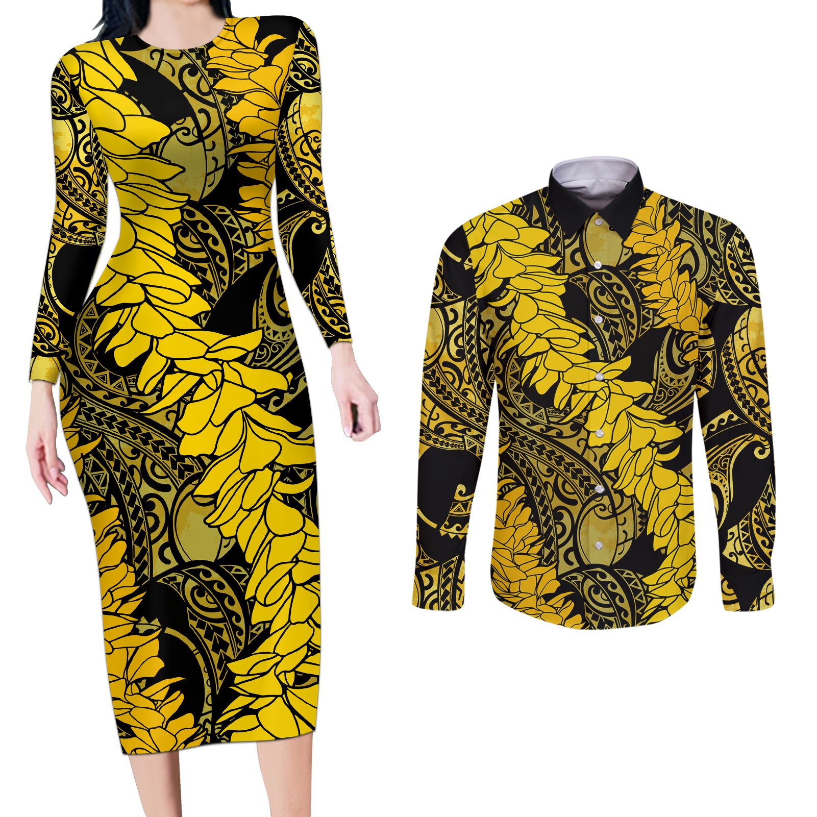 Hawaii Oahu Ilima Lei Couples Matching Long Sleeve Bodycon Dress and Long Sleeve Button Shirt LT7 Yellow - Polynesian Pride