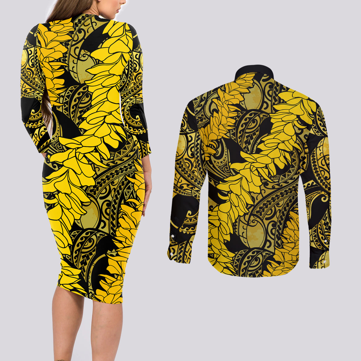Hawaii Oahu Ilima Lei Couples Matching Long Sleeve Bodycon Dress and Long Sleeve Button Shirt LT7 - Polynesian Pride