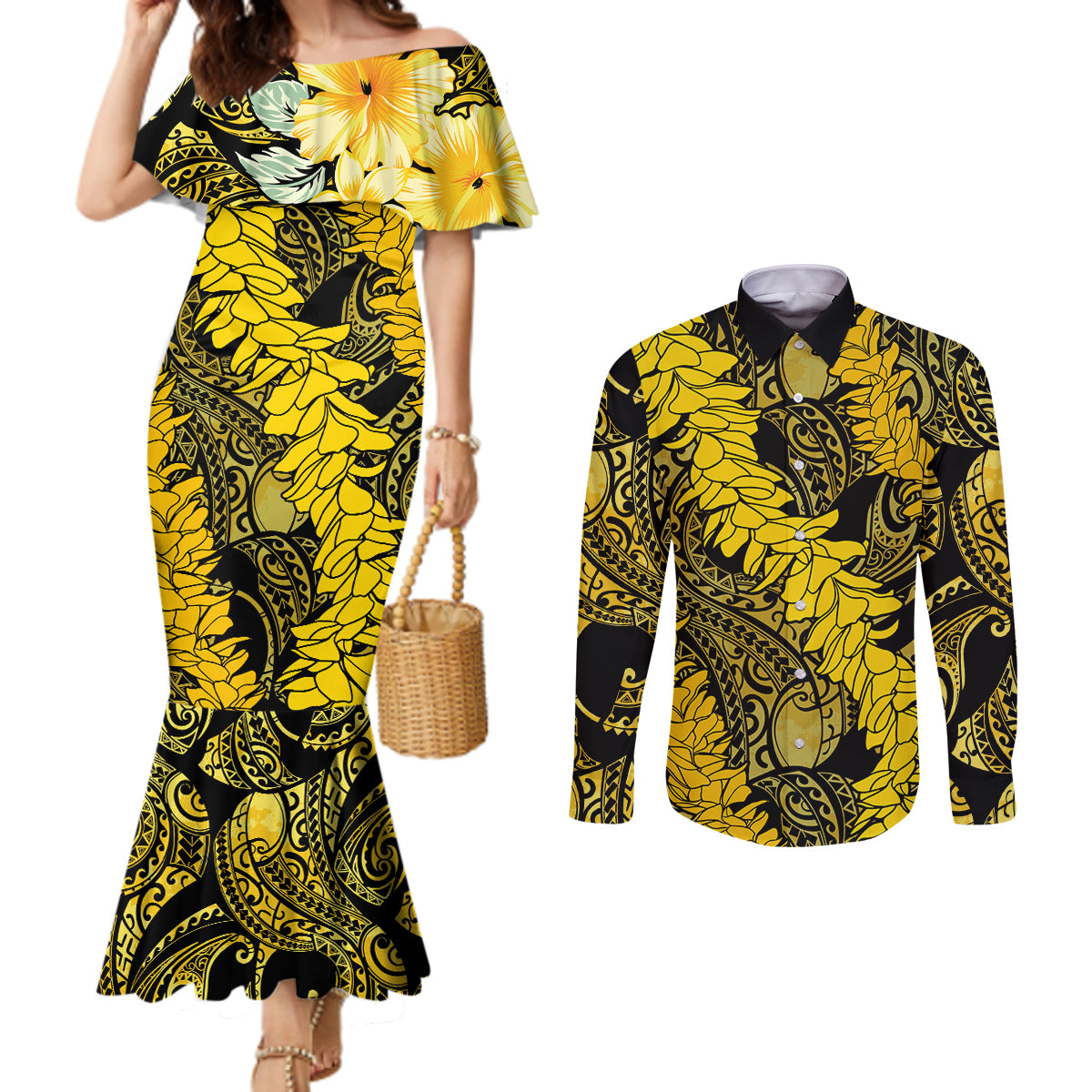Hawaii Oahu Ilima Lei Couples Matching Mermaid Dress and Long Sleeve Button Shirt LT7 Yellow - Polynesian Pride