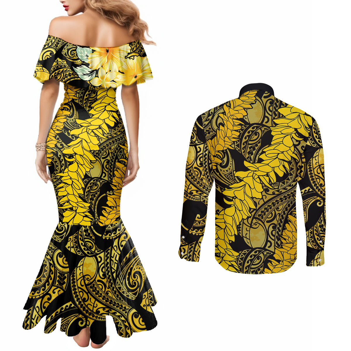 Hawaii Oahu Ilima Lei Couples Matching Mermaid Dress and Long Sleeve Button Shirt LT7 - Polynesian Pride