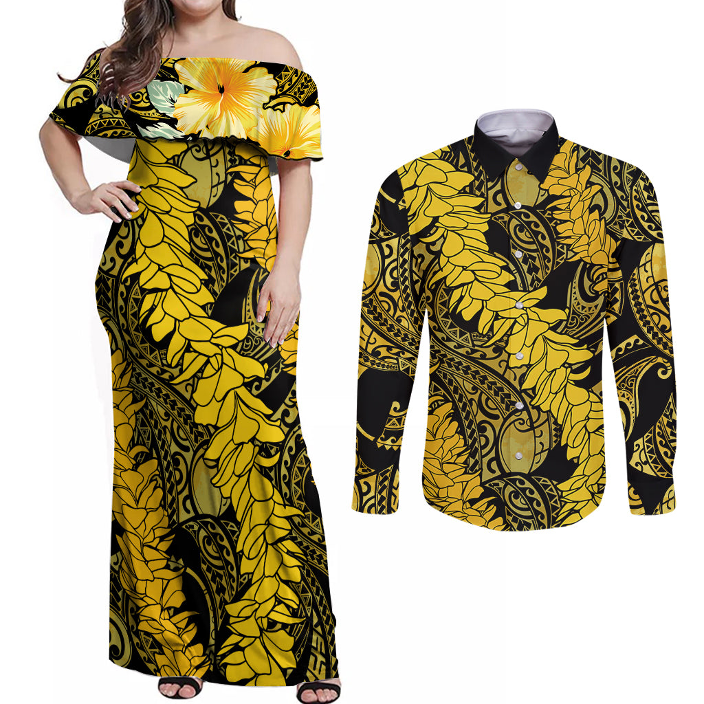 Hawaii Oahu Ilima Lei Couples Matching Off Shoulder Maxi Dress and Long Sleeve Button Shirt LT7 Yellow - Polynesian Pride