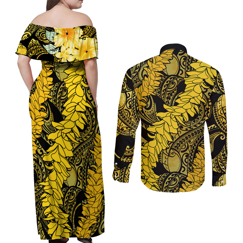 Hawaii Oahu Ilima Lei Couples Matching Off Shoulder Maxi Dress and Long Sleeve Button Shirt LT7 - Polynesian Pride