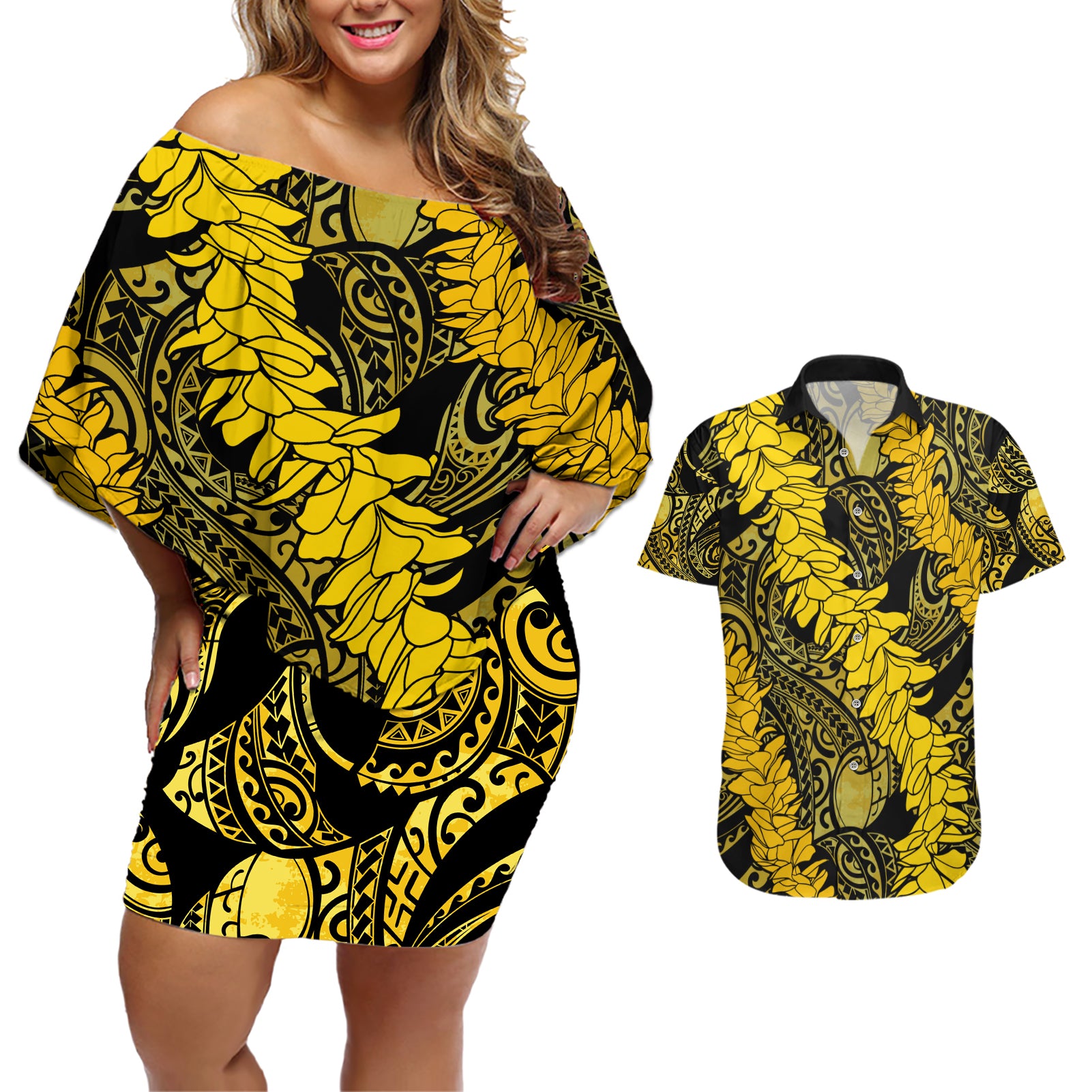 Hawaii Oahu Ilima Lei Couples Matching Off Shoulder Short Dress and Hawaiian Shirt LT7 Yellow - Polynesian Pride