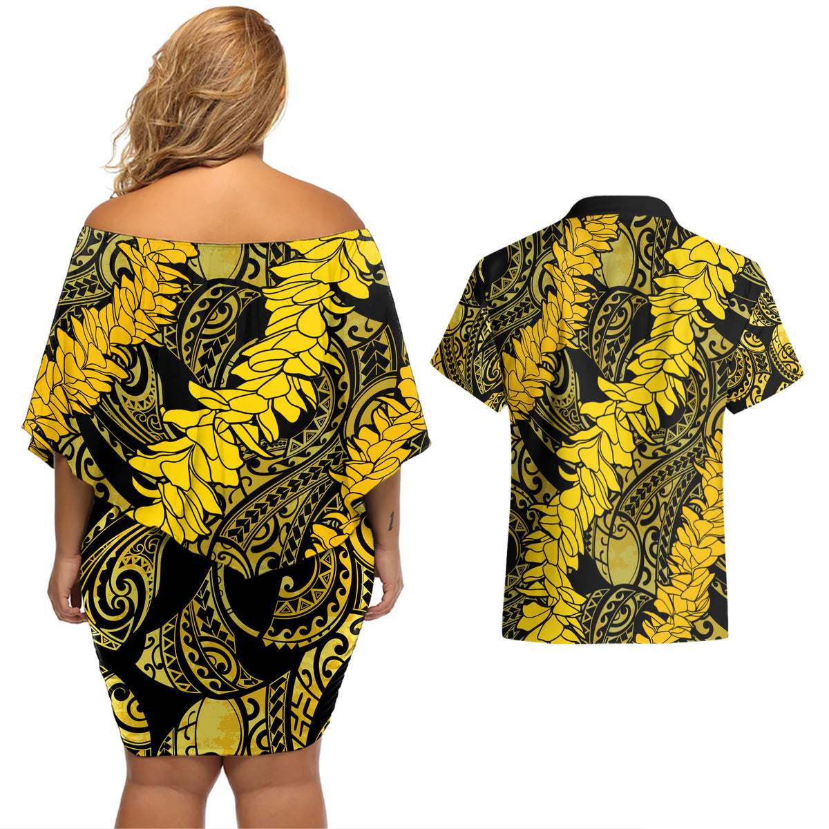 Hawaii Oahu Ilima Lei Couples Matching Off Shoulder Short Dress and Hawaiian Shirt LT7 - Polynesian Pride