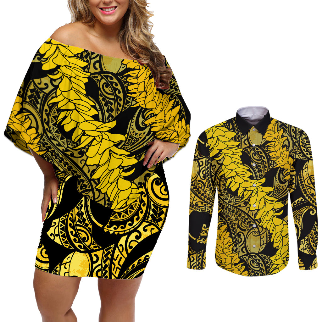 Hawaii Oahu Ilima Lei Couples Matching Off Shoulder Short Dress and Long Sleeve Button Shirt LT7 Yellow - Polynesian Pride