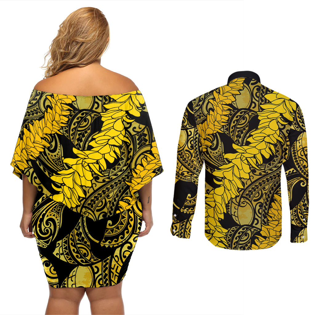 Hawaii Oahu Ilima Lei Couples Matching Off Shoulder Short Dress and Long Sleeve Button Shirt LT7 - Polynesian Pride