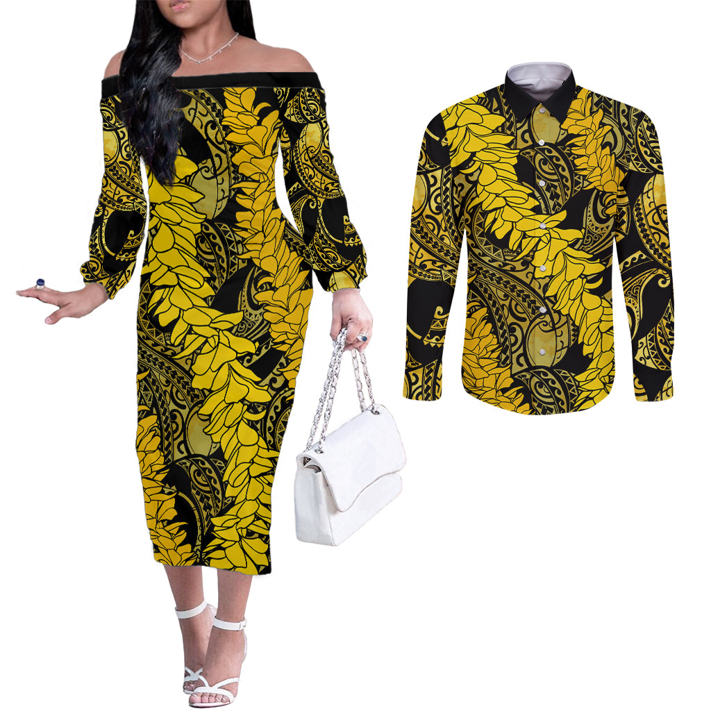 Hawaii Oahu Ilima Lei Couples Matching Off The Shoulder Long Sleeve Dress and Long Sleeve Button Shirt LT7 Yellow - Polynesian Pride