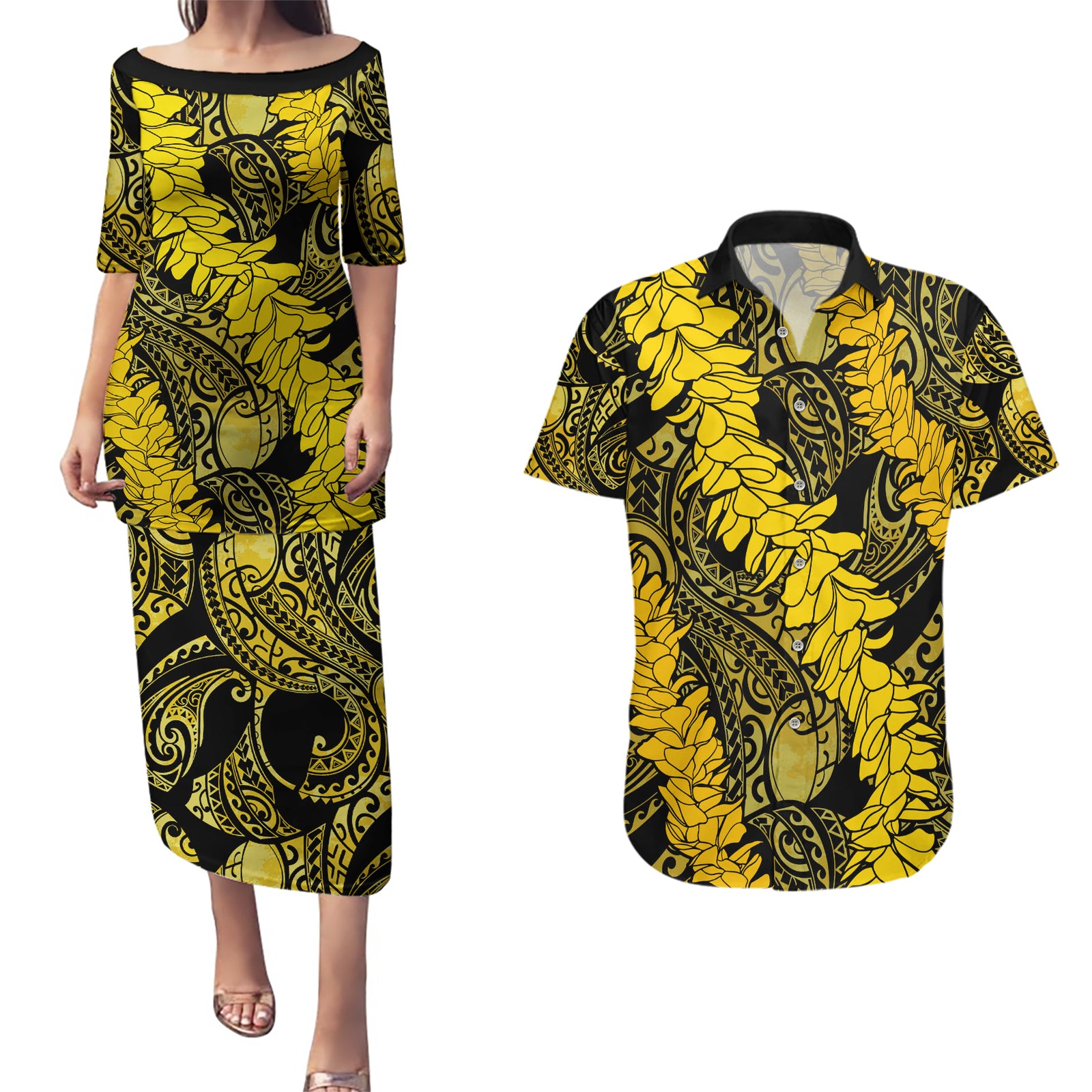 Hawaii Oahu Ilima Lei Couples Matching Puletasi and Hawaiian Shirt LT7 Yellow - Polynesian Pride