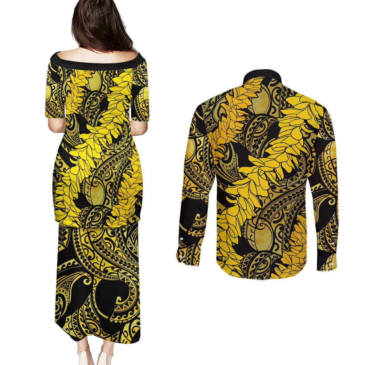 Hawaii Oahu Ilima Lei Couples Matching Puletasi and Long Sleeve Button Shirt LT7 - Polynesian Pride