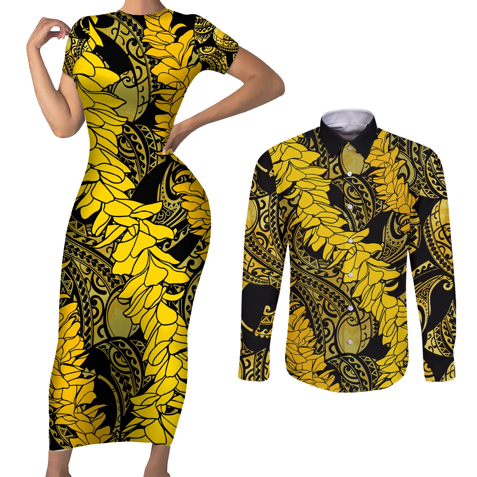 Hawaii Oahu Ilima Lei Couples Matching Short Sleeve Bodycon Dress and Long Sleeve Button Shirt LT7 Yellow - Polynesian Pride