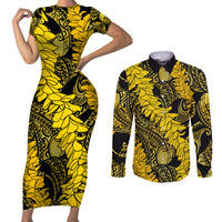 Hawaii Oahu Ilima Lei Couples Matching Short Sleeve Bodycon Dress and Long Sleeve Button Shirt LT7 Yellow - Polynesian Pride
