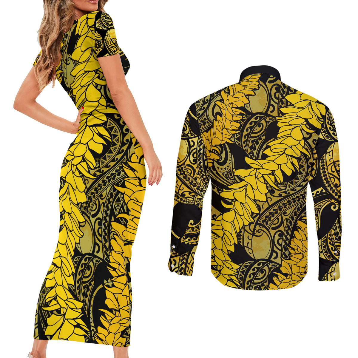 Hawaii Oahu Ilima Lei Couples Matching Short Sleeve Bodycon Dress and Long Sleeve Button Shirt LT7 - Polynesian Pride