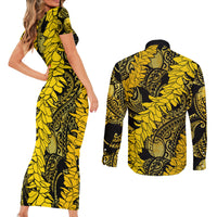 Hawaii Oahu Ilima Lei Couples Matching Short Sleeve Bodycon Dress and Long Sleeve Button Shirt LT7 - Polynesian Pride