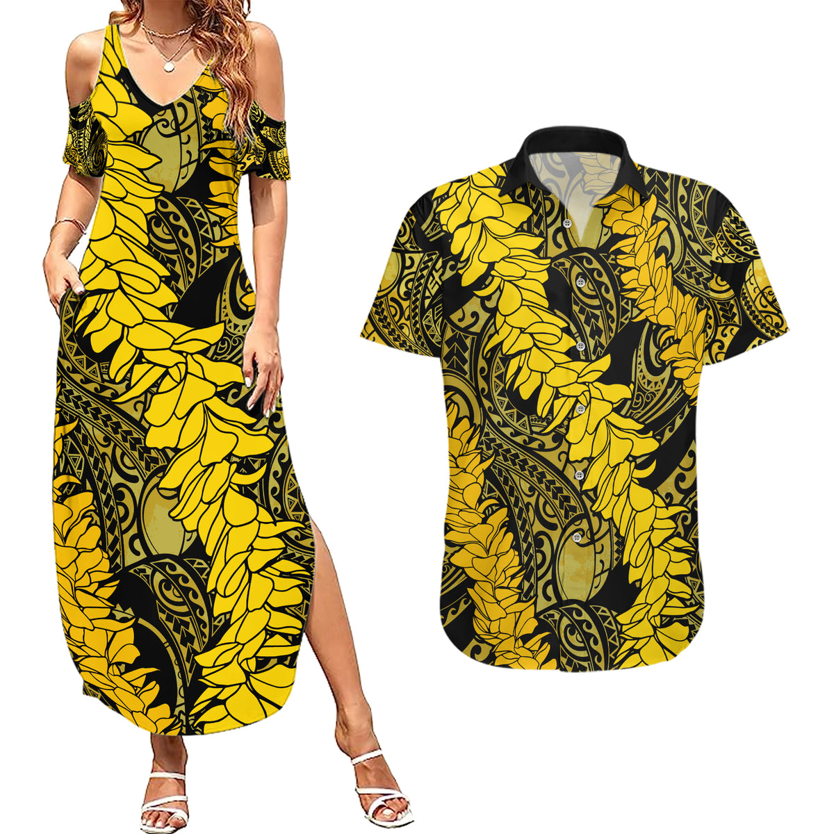 Hawaii Oahu Ilima Lei Couples Matching Summer Maxi Dress and Hawaiian Shirt LT7 Yellow - Polynesian Pride
