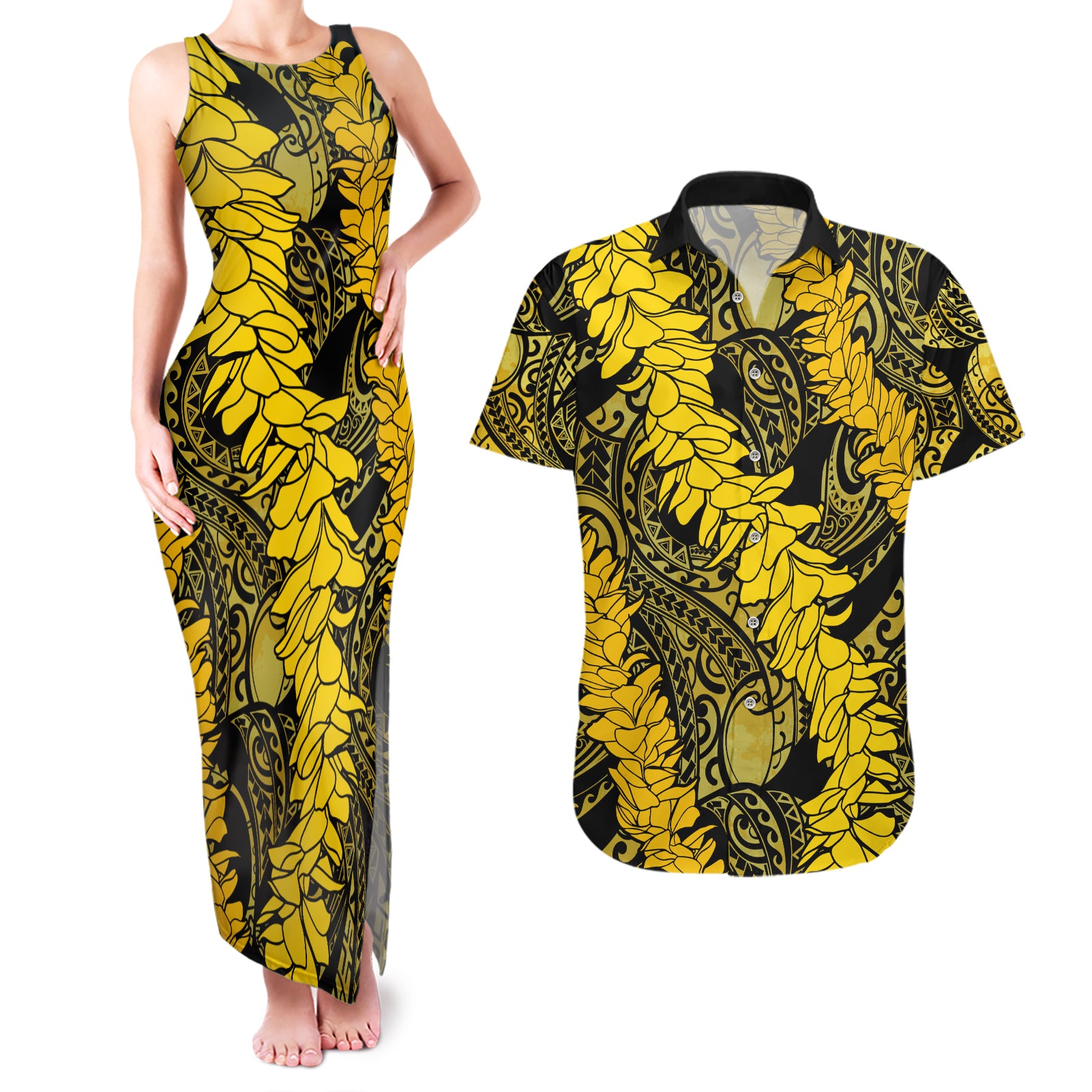 Hawaii Oahu Ilima Lei Couples Matching Tank Maxi Dress and Hawaiian Shirt LT7 Yellow - Polynesian Pride