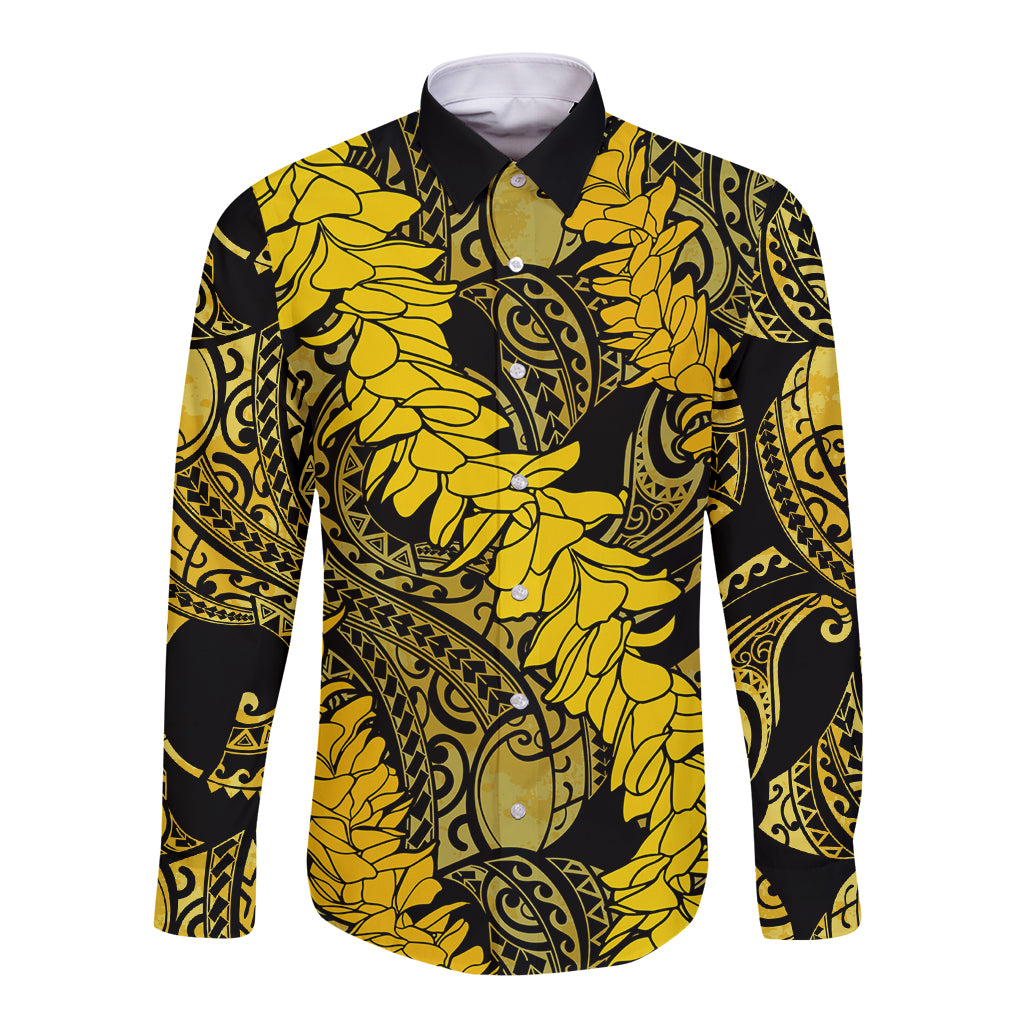Hawaii Oahu Ilima Lei Long Sleeve Button Shirt LT7 Unisex Yellow - Polynesian Pride