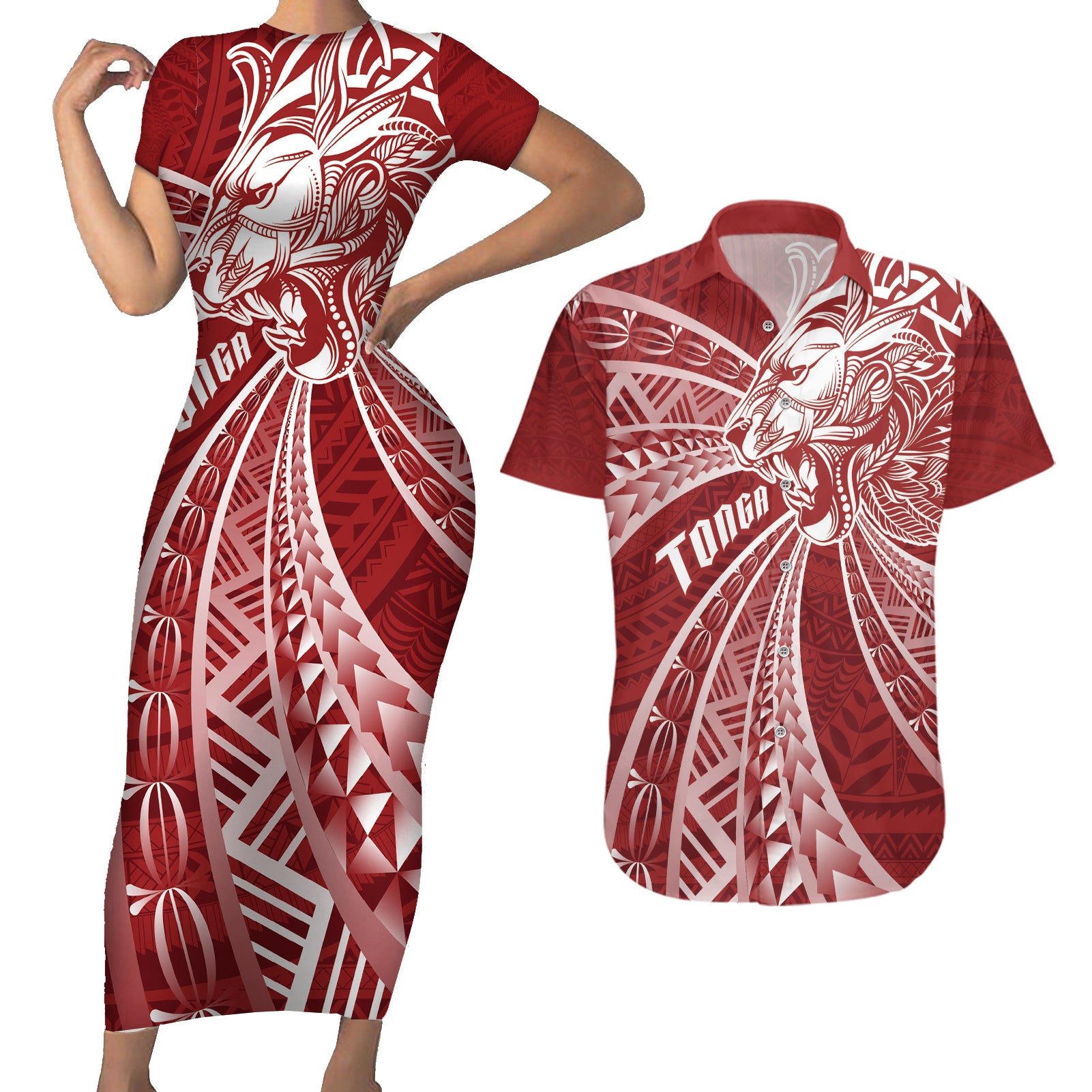 Tonga Independence Day Couples Matching Short Sleeve Bodycon Dress and Hawaiian Shirt Tongatapu Lion Ngatu Motifs