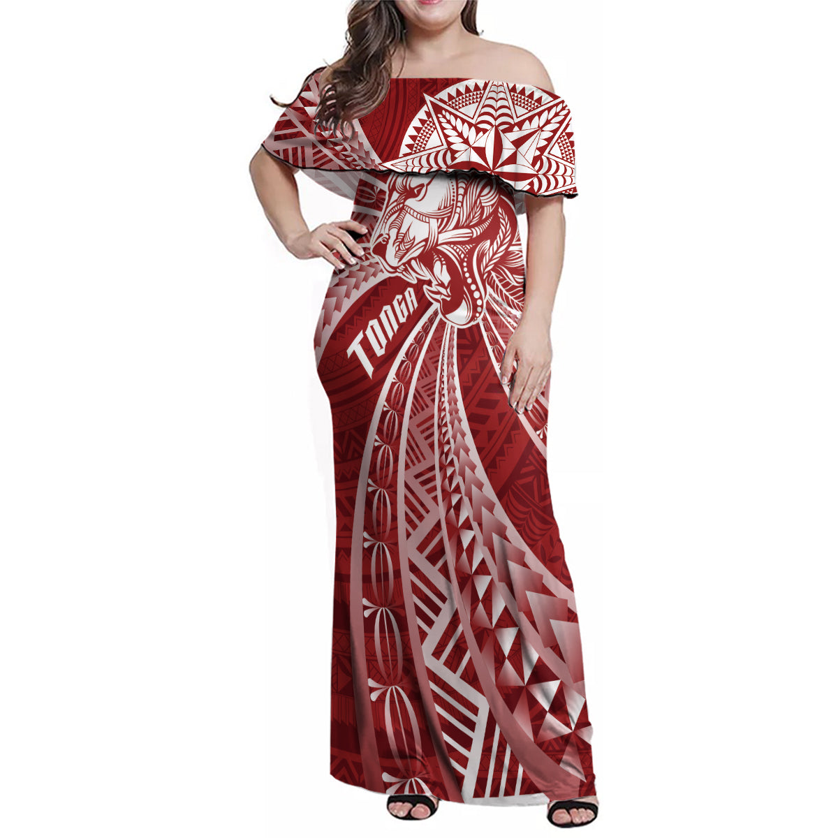 Tonga Independence Day Family Matching Off Shoulder Maxi Dress and Hawaiian Shirt Tongatapu Lion Ngatu Motifs