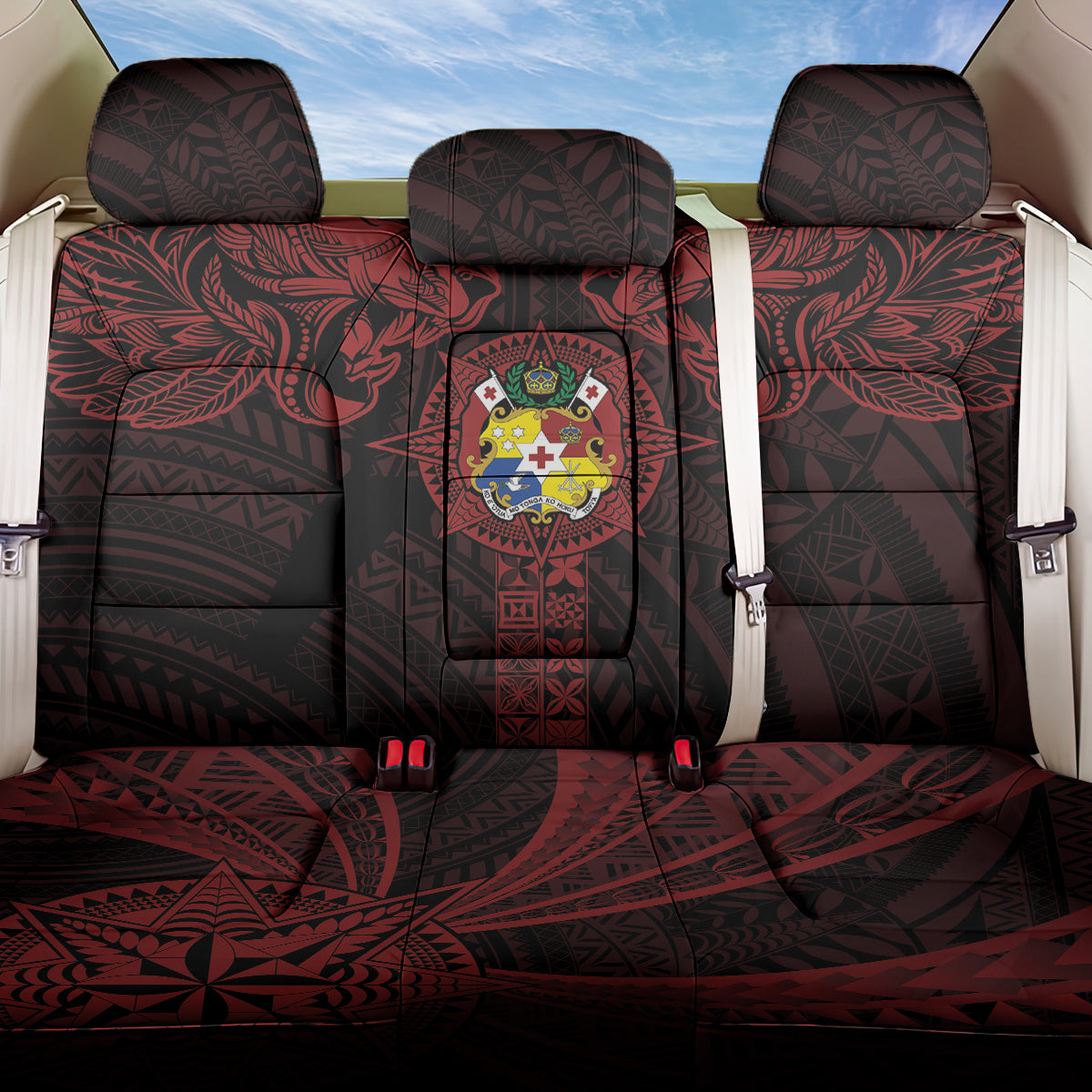 Tonga Independence Day Back Car Seat Cover Tongatapu Lion Ngatu Motifs Black Ver. LT7