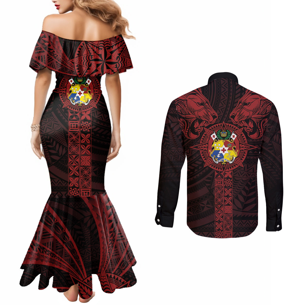 Tonga Independence Day Couples Matching Mermaid Dress and Long Sleeve Button Shirt Tongatapu Lion Ngatu Motifs Black Ver.