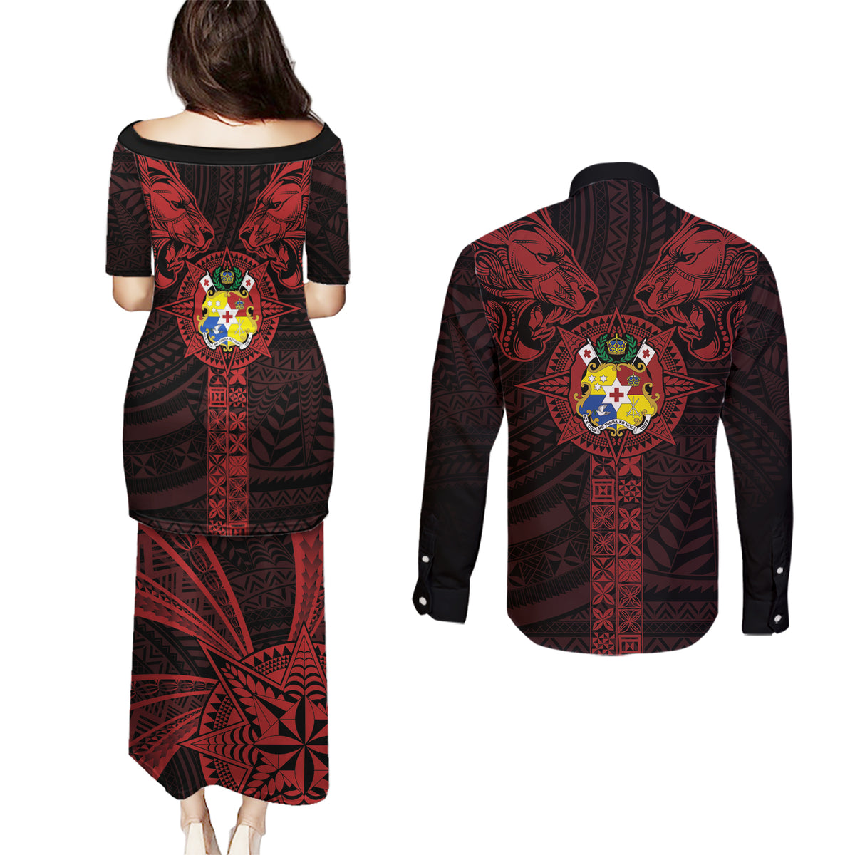 Tonga Independence Day Couples Matching Puletasi and Long Sleeve Button Shirt Tongatapu Lion Ngatu Motifs Black Ver.