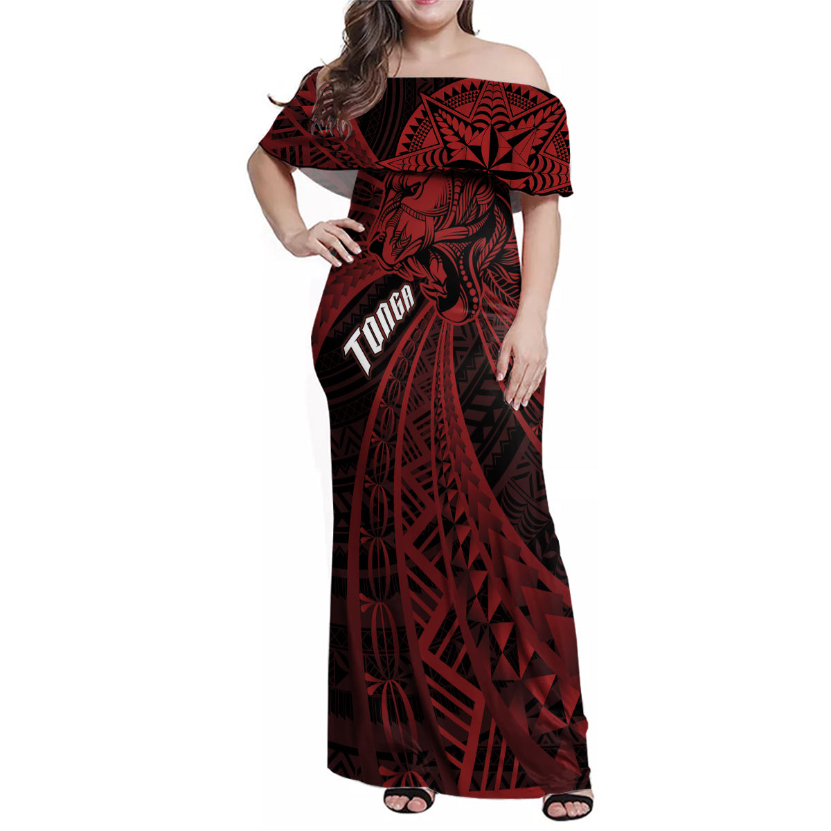 Tonga Independence Day Family Matching Off Shoulder Maxi Dress and Hawaiian Shirt Tongatapu Lion Ngatu Motifs Black Ver.