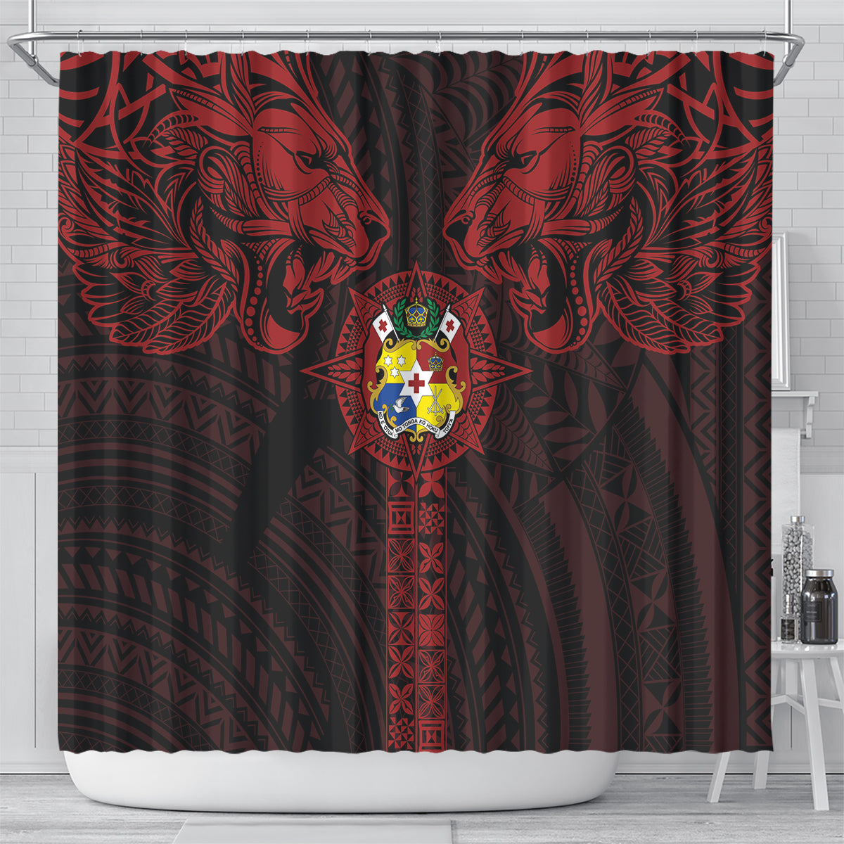Tonga Independence Day Shower Curtain Tongatapu Lion Ngatu Motifs Black Ver.