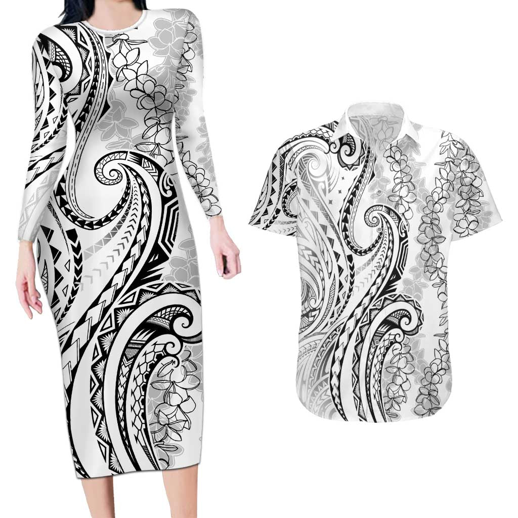 Polynesia Plumeria Lei Couples Matching Long Sleeve Bodycon Dress and Hawaiian Shirt White Curves Motif
