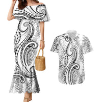 Polynesia Plumeria Lei Couples Matching Mermaid Dress and Hawaiian Shirt White Curves Motif