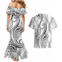 Polynesia Plumeria Lei Couples Matching Mermaid Dress and Hawaiian Shirt White Curves Motif