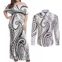 Polynesia Plumeria Lei Couples Matching Off Shoulder Maxi Dress and Long Sleeve Button Shirt White Curves Motif