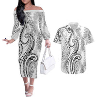 Polynesia Plumeria Lei Couples Matching Off The Shoulder Long Sleeve Dress and Hawaiian Shirt White Curves Motif