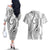 Polynesia Plumeria Lei Couples Matching Off The Shoulder Long Sleeve Dress and Hawaiian Shirt White Curves Motif