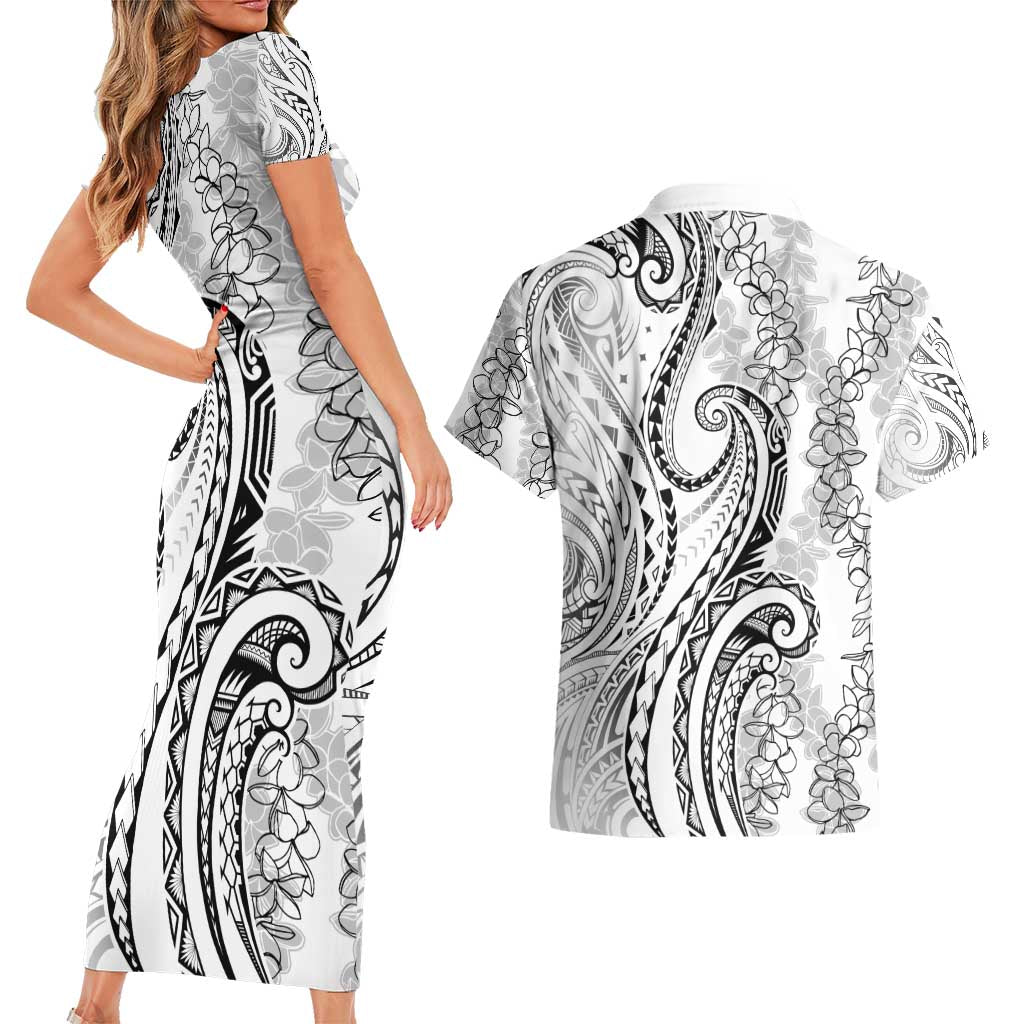 Polynesia Plumeria Lei Couples Matching Short Sleeve Bodycon Dress and Hawaiian Shirt White Curves Motif