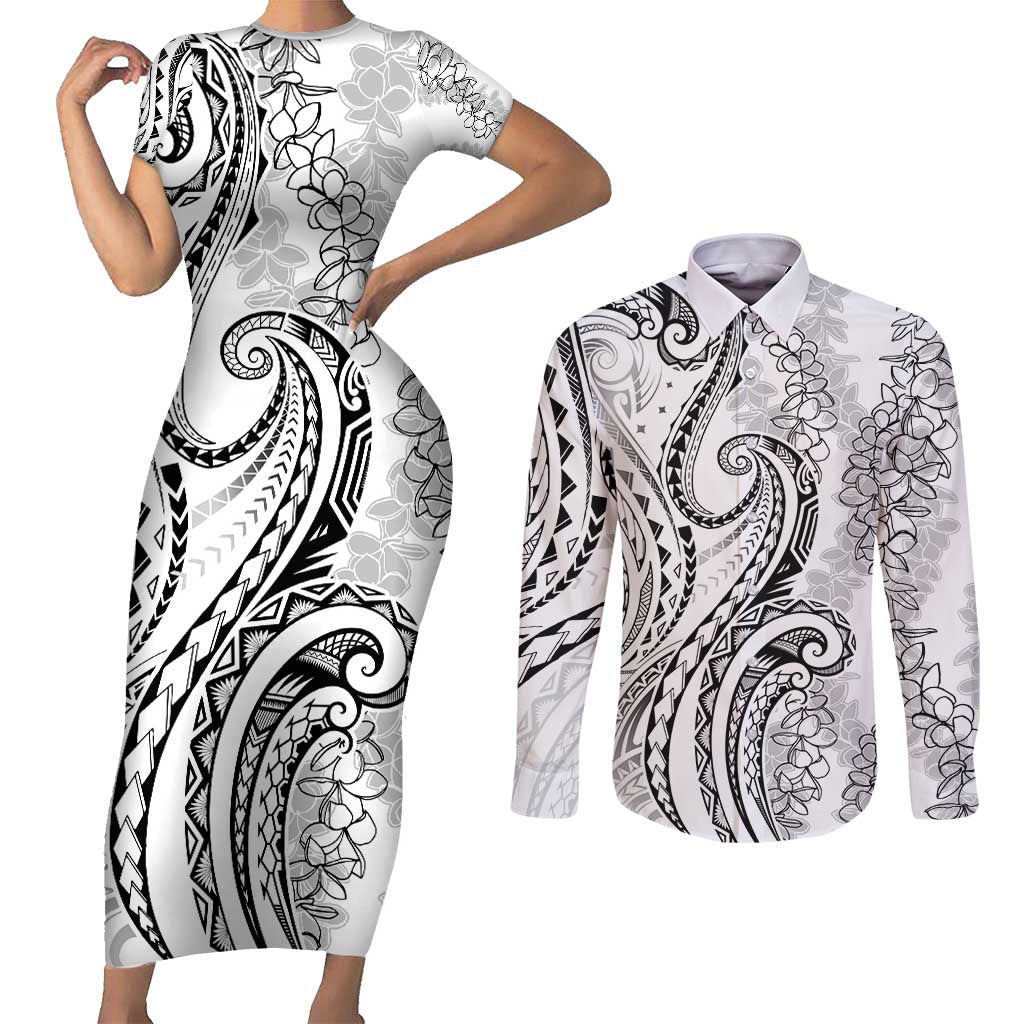 Polynesia Plumeria Lei Couples Matching Short Sleeve Bodycon Dress and Long Sleeve Button Shirt White Curves Motif LT7 White - Polynesian Pride