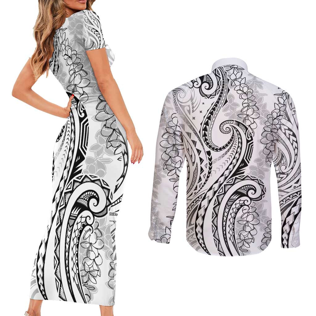Polynesia Plumeria Lei Couples Matching Short Sleeve Bodycon Dress and Long Sleeve Button Shirt White Curves Motif LT7 - Polynesian Pride