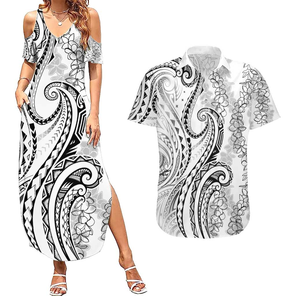 Polynesia Plumeria Lei Couples Matching Summer Maxi Dress and Hawaiian Shirt White Curves Motif