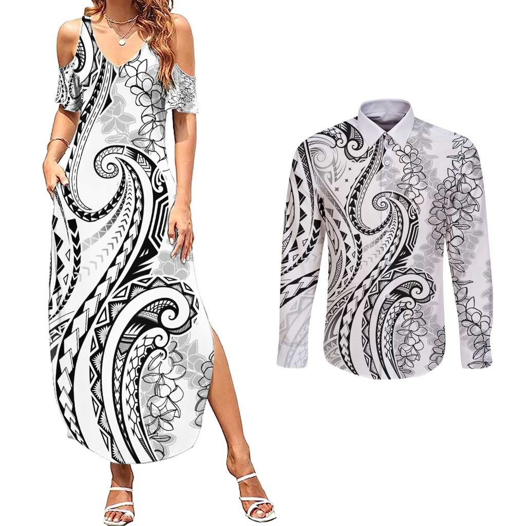 Polynesia Plumeria Lei Couples Matching Summer Maxi Dress and Long Sleeve Button Shirt White Curves Motif