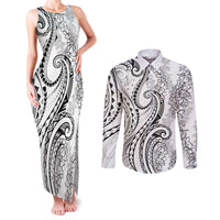 Polynesia Plumeria Lei Couples Matching Tank Maxi Dress and Long Sleeve Button Shirt White Curves Motif