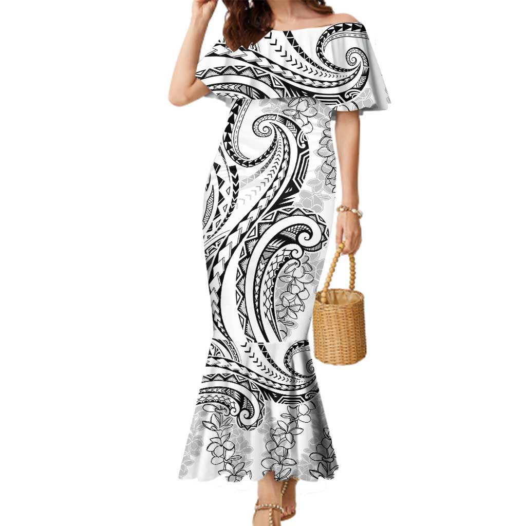 Polynesia Plumeria Lei Family Matching Mermaid Dress and Hawaiian Shirt White Curves Motif