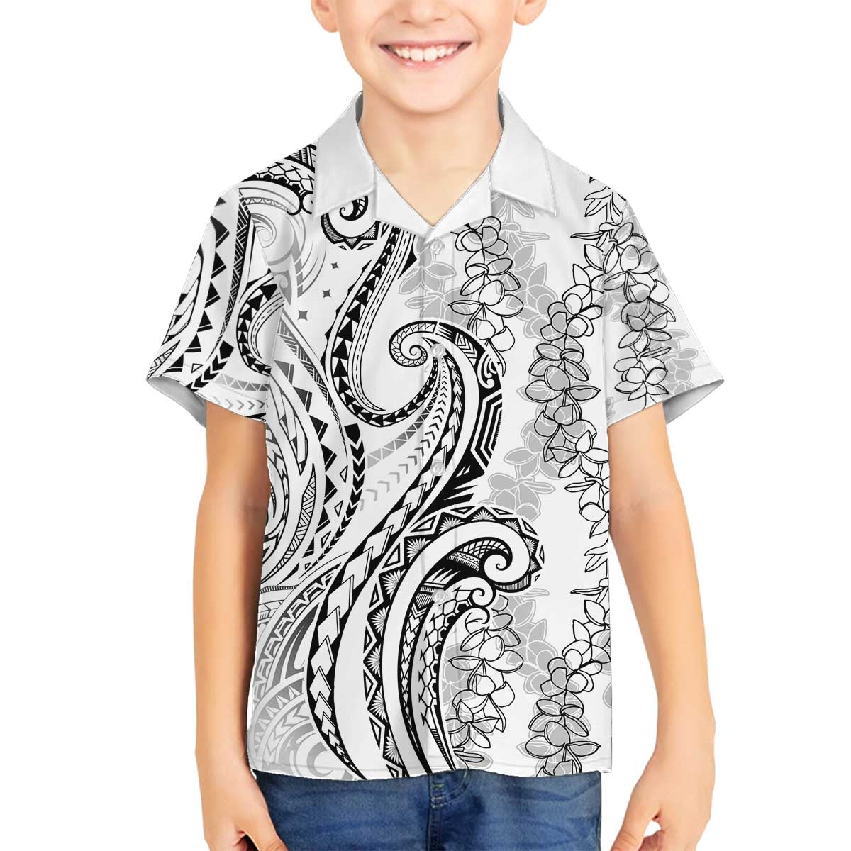 Polynesia Plumeria Lei Family Matching Off The Shoulder Long Sleeve Dress and Hawaiian Shirt White Curves Motif