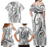 Polynesia Plumeria Lei Family Matching Off Shoulder Maxi Dress and Hawaiian Shirt White Curves Motif