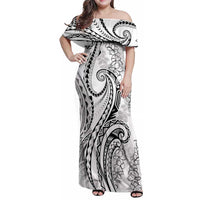 Polynesia Plumeria Lei Family Matching Off Shoulder Maxi Dress and Hawaiian Shirt White Curves Motif